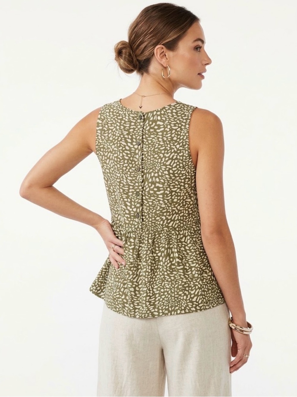 LOFT $49 P2P19-20” Olive Green Abstract Animal Print Button Back Peplum M
